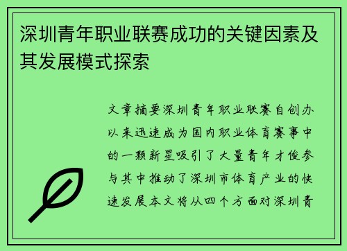 深圳青年职业联赛成功的关键因素及其发展模式探索