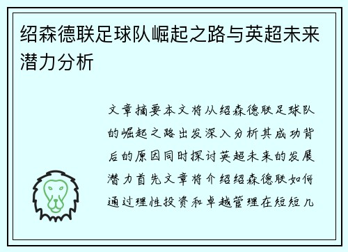 绍森德联足球队崛起之路与英超未来潜力分析