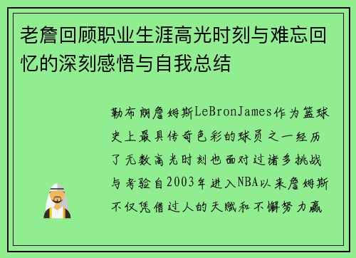 老詹回顾职业生涯高光时刻与难忘回忆的深刻感悟与自我总结