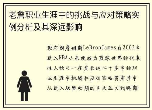 老詹职业生涯中的挑战与应对策略实例分析及其深远影响