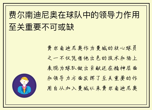费尔南迪尼奥在球队中的领导力作用至关重要不可或缺