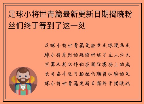 足球小将世青篇最新更新日期揭晓粉丝们终于等到了这一刻